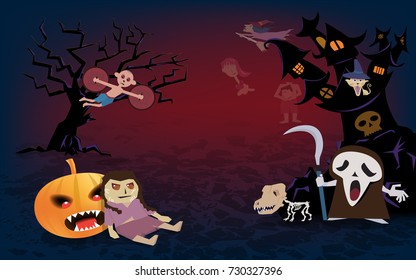 Halloween background,spooky many character of ghost,pumpkin with silhouette of tree and castle,vector illustration
