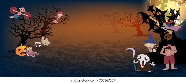 Halloween background,spooky many character of ghost,pumpkin with silhouette of tree and castle and full moon on sky,vector illustration