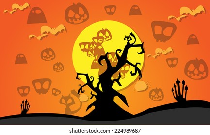 Halloween background.Vector ,cat,bat,tree,ghost,pumpkin