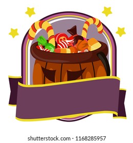 halloween badge with candy and treats