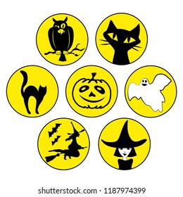 Halloween badges, black and white on yellow round background. Witch, cat, owl, ghost and pumpkin images. Vector illustrations.