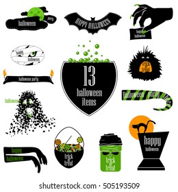 Halloween badges with full moon with cloud, bat, scary hands, mummy, candle like ribbon, arrows, sweats in basket, monsters and headstone with black cat