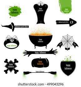 Halloween badges with kettle, pumpkin, web with spider, broom, bones, spider's skeleton and green spots. Vector backgrounds, infographic ribbons and arrows