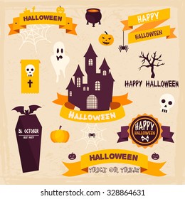 Halloween Badges and Labels in Vintage style. Vector illustration.