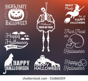 Halloween Badges set. Halloween set, drawn Halloween symbols pumpkin, broom, witch, skeleton, skull, cat, zombie lettering and drawing in vintage style. Vector illustration