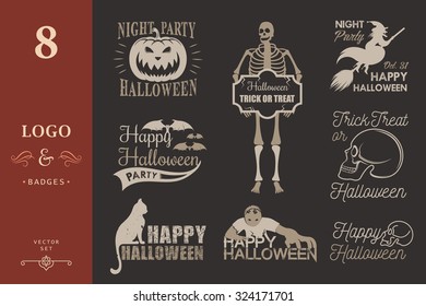 Halloween Badges set. set, drawn  symbols pumpkin, broom, witch, skeleton, skull, cat, zombie lettering and drawing in vintage style. Vector illustration