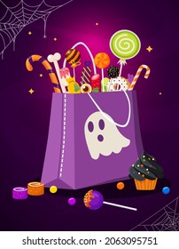 Halloween bag is full of candies and treats. Candies, candy canes, lollipops, marshmallows, sugar bones, marmalade, cakes, donuts on bright purple background. Vector illustration. 