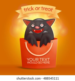 Halloween bag with funny bat inside. Trick or treat concept. Vector illustration