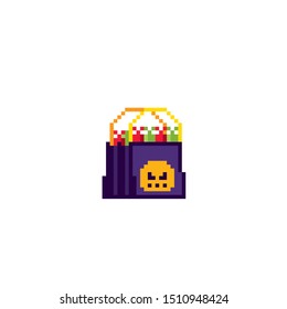 Halloween bag with sweets pixel art icon. Element design for logo, stickers, web, embroidery and mobile app. Isolated vector illustration. 8-bit sprite.