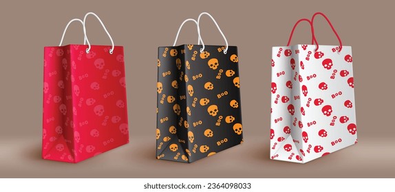 Halloween bags shopping vector set design. Halloween gift paper bag in skull pattern elements for shopping bags collection. Vector illustration trick or treat surprise present collection. 
