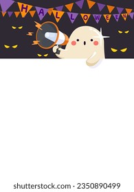 Halloween bald cute ghost peeking on the edge hold megaphone with copy space. lovely and spooky cartoon character. Vector illustration flat design for banner, poster, and background.