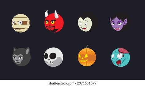 Halloween Ball Head Side Set Zombie Devil Skull Vampire Mummy Werewolf Dracula Pumpkin Cartoon Vector