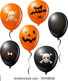 Halloween balloon set. Includes bat, skull, pumpkin, spider and spider web.