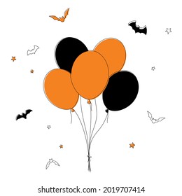 Halloween balloons. Black and orange balloons with bats on a white background. 