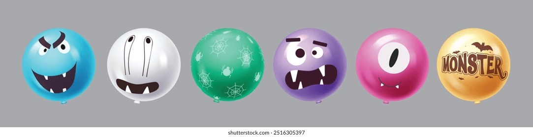 Globos de Halloween personajes diseño de conjunto de Vector. Colección de Elementos de globo monstruo de cumpleaños en diseño colorido de patrón aterrador, espeluznante y espeluznante. Conjunto de Elementos de globos de Ilustración vectorial. 
