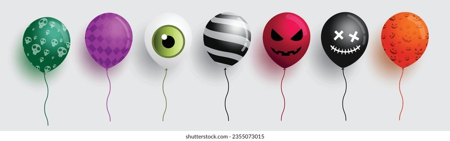 Los globos de Halloween tienen un diseño vectorial. Los globos halloween elementos inflables en un patrón espeluznante, espeluznante y espeluznante y en la decoración de símbolos. Colección de globos de ilustración de vectores. 
