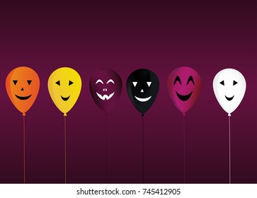 Halloween. Balloons with faces for a holiday, birthday and a party. Multicolored inflatable balls. Complimentary ticket. Free space for text or text. Vector.