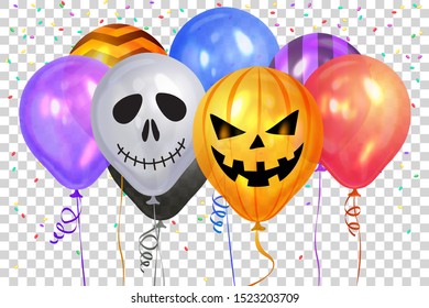 Halloween Balloons. Ghost, Pumpkin, Skeleton  and colorful confetti. Scary air balloons. Holidays, decoration and party concept balloons for halloween over black background. Vector illustration. EPS10