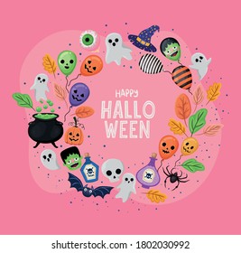 Halloween balloons and ghosts cartoons in circle shaped design, Holiday and scary theme Vector illustration