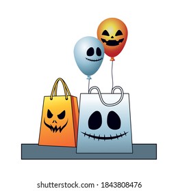 halloween balloons helium floating with shopping bags vector illustration design