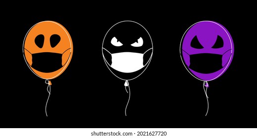 Halloween balloons with medical protective mask isolated on black background.