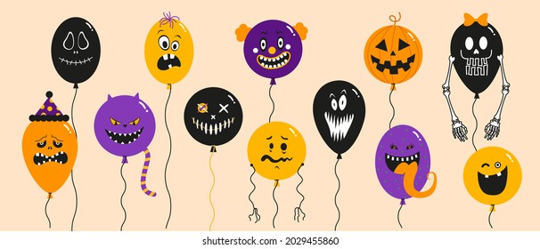 Halloween balloons party concept set. Holiday cartoon, creepy, funny, spooky characters.  Different emotions, faces.  Creative creatures, pumpkins, monster, skeleton, clown, cat. Flat colorful style.