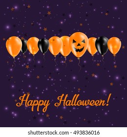 Halloween balloons row greeting card. Happy halloween poster with Black and orange colored halloween balloons with smiling pumpking faces on it. Vector illustration.