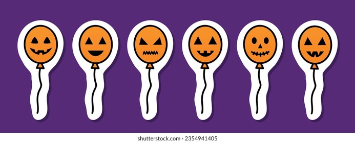 Halloween balloons with spooky faces, halloween decoration, vector sticker set