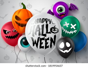 Halloween balloons vector concept design. Happy halloween text in white balloon with colorful scary face balloons element like pumpkin, ghost, and devil characters for trick or treat party design.