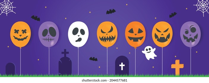 Halloween baloon set with different faces. Happy halloween day concept. Holiday background with ghost, bat and balloon. Vector purple illustration background for web, banner and cover.