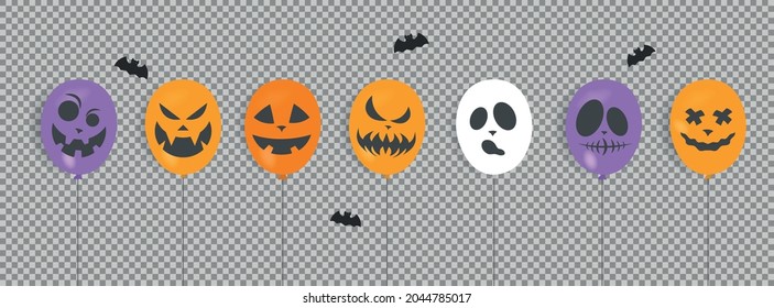 Halloween baloon set with different faces. Happy halloween day concept. Holiday background with bat and balloon. Vector illustration background for web, banner and cover.