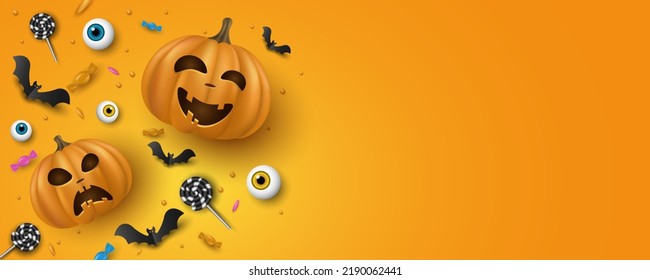 Halloween banner. 3D emotional cartoon smiling pumpkins with eyes, sweets, lollipops, bats. Trick or treat. Festive cover design. Invitation greeting card. EPS 10
