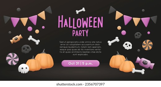 Halloween banner with 3d plastic pumpkin, skull, flags, bone and candy fly on black background. Vector illustration. Web greeting card, party invitation template. Holiday arrangement.