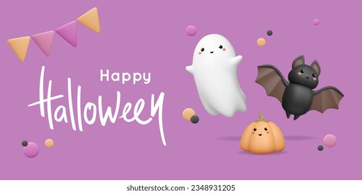 Halloween banner with 3d realistic characters. Cute ghost, flying bat and pumpkin with funny face. Vector illustration. Web greeting concept, cartoon art on violet background. Smile monsters.