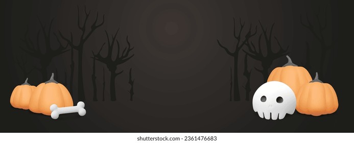 Halloween banner with 3d rendering  pumpkin, skull, bone and trees silhouette on black background. Holiday invitation, advertisement template with copy space. Vector illustration.