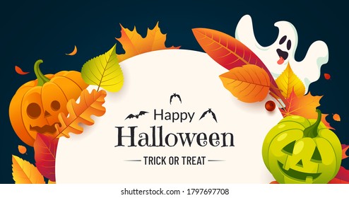 Halloween banner with autumn falling leaves, spooky carving pumpkin, funny ghost and place for text. Halloween background design. Greeting card concept for autumn holidays. Vector illustration