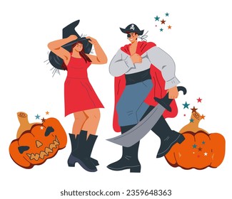 Halloween banner backdrop with people have holiday party. Halloween design for party carnival invitation and postcards, banner and poster, flat vector isolated illustration on white.