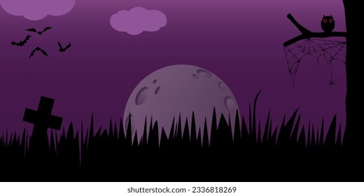 Halloween banner background with bat owl grave cloud spider web and full moon in the sky. The Halloween party is scary on 31 Oct. 
