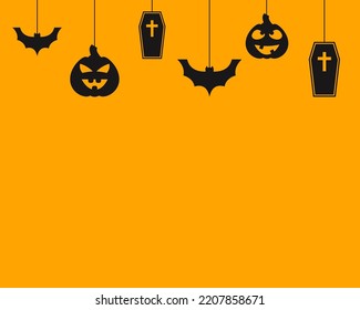 Halloween banner. Halloween background with black icon pumpkin, bat, grave. Template for halloween greeting cards, flyers, invitations, posters. Icon Jack O'Lantern isolated. Vector illustration