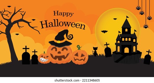 Halloween banner background with clouds, bats, moon, castle, ghost, web and pumpkins.