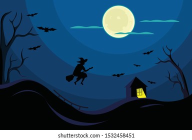 Halloween banner background with flying witch vector Silhouette over the moon with broom cartoon flat illustration