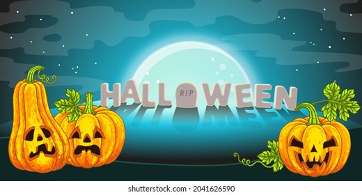 Halloween banner background. Full moon against the dark sky and horrible pumpkins Jack O Lantern