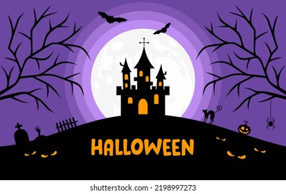 Halloween banner or background with full moon, castle, trees, graveyard, cat, pumpkin, bat, spider and evil eyes. Purple, black and orange flat vector illustration
