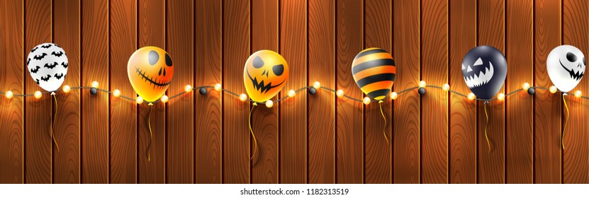 Halloween Banner background with Halloween Ghost Balloons.Scary air balloons and string light on wood background.Website spooky or banner template.Vector illustration EPS10