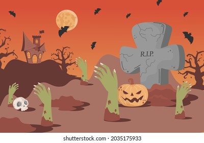 Halloween banner background with gravestones, bats, scary castle, and skeleton hand vector flat cartoon illustration. Trick or treat party card concept. Halloween scary night background.