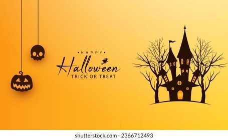 Halloween banner background with hanging halloween elements and Halloween house with dead trees