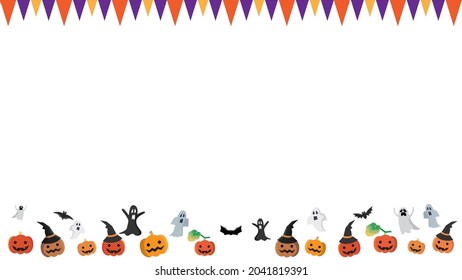 Halloween banner background illustration of jack-o-lanterns, ghosts and bats.