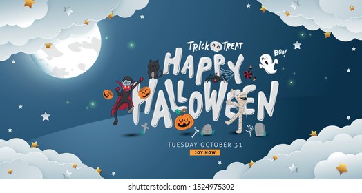 Halloween banner background party at Full moon night concept and character design cute.