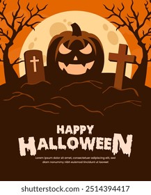 Halloween Banner Hintergrund Party Einladung mit gruseligen Kürbissen, Grabsteine und tote Bäume Design