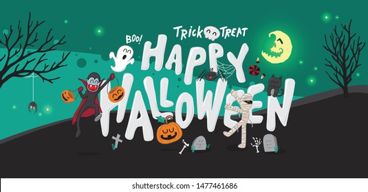 Halloween banner background party at night concept and character design cute.